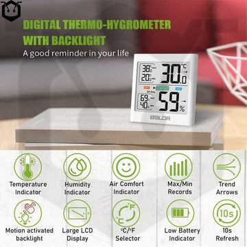 BaLDR Digital Thermo-Hygrometer with Backlight, Temperature & Humidity Smart Sensor, Easy to Read, Real Time Monitoring, Large Backlit LCD Display - Imported from UK